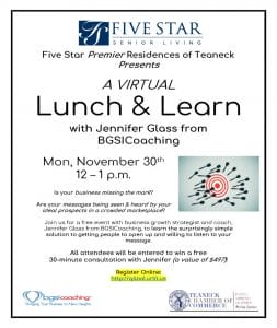 Jennifer Glass | BGSICoaching | Lunch & Learn at Five Star Premier Residences of Teaneck | November 30, 2020