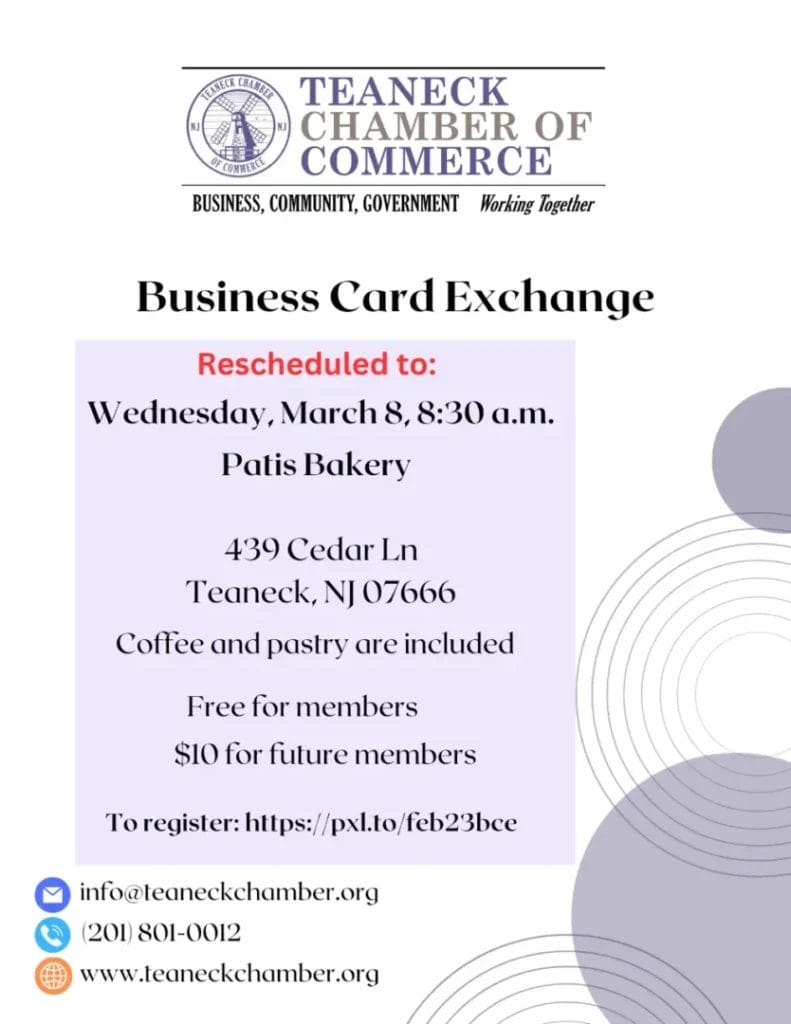 Business Card Exchange Flyer for Event on March 8 2023 at Patis Bakery in Teaneck, NJ