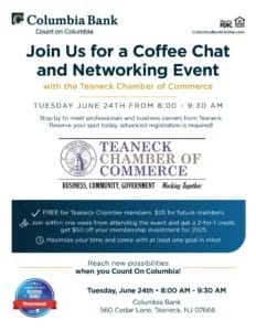 TCC - Coffee & Networking Event at Columbia Bank, Teaneck, NJ | Tuesday, June 24, 2025 8 AM flyer